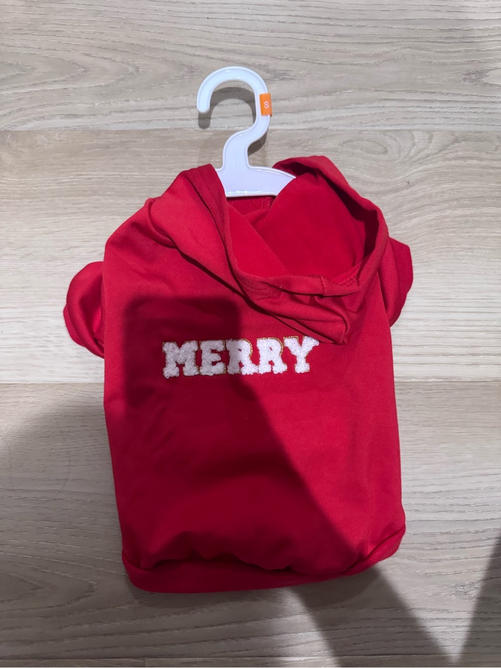 Cozy Red Dog Hoodie with 'MERRY' Embroidered Detail